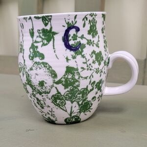 Anthropologie Monogram 'C' Floral Green and White Mug